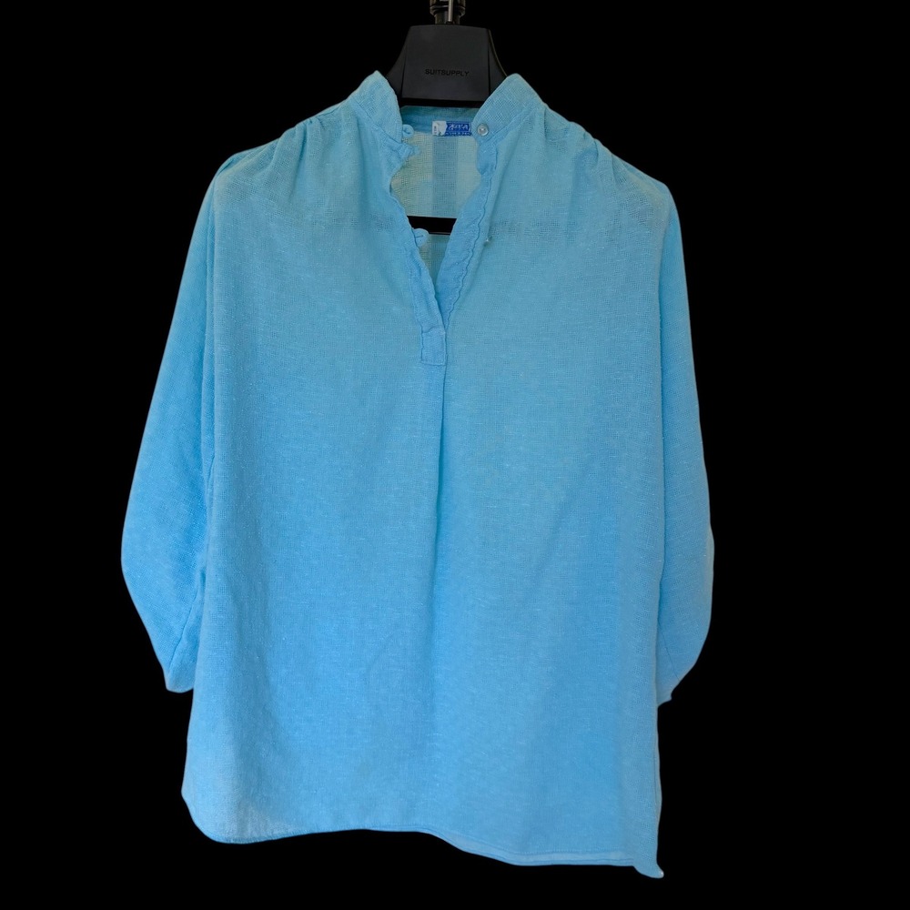 Vintage Sears Women Light Blue Textured Roll Tab Sleeve Tunic Blouse Top